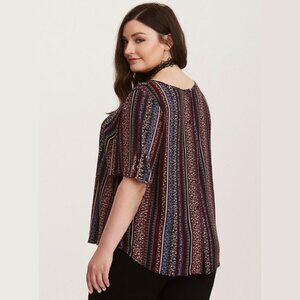 Torrid Boho Chiffon Blouse 2X Burgundy Blue Stripe Floral Plus Size Top